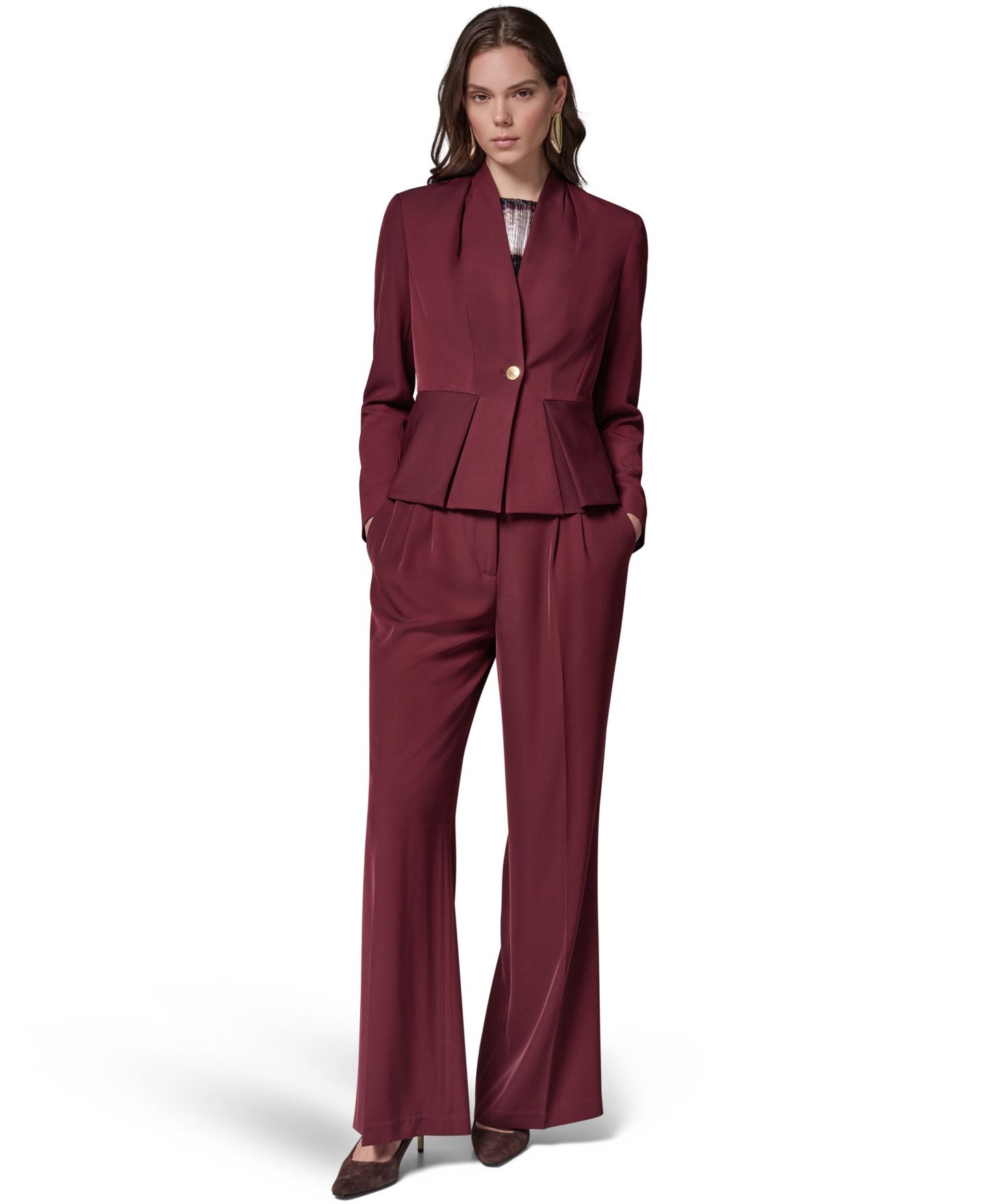 Женский пиджак Donna Karan New York Petite Collarless Peplum Blazer, цвет: Чёрный вишнёвый — фото 2