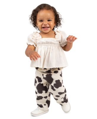 Baby Girls' Short-Sleeve Top and Cow Print Pants, 2-Piece Set