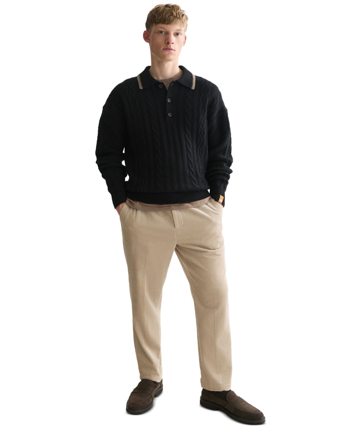 Мужской свитер SCOTCH & SODA Soft Knit Polo Cable Dropped Shoulder Polo Sweater, цвет: Meteorite — фото 2