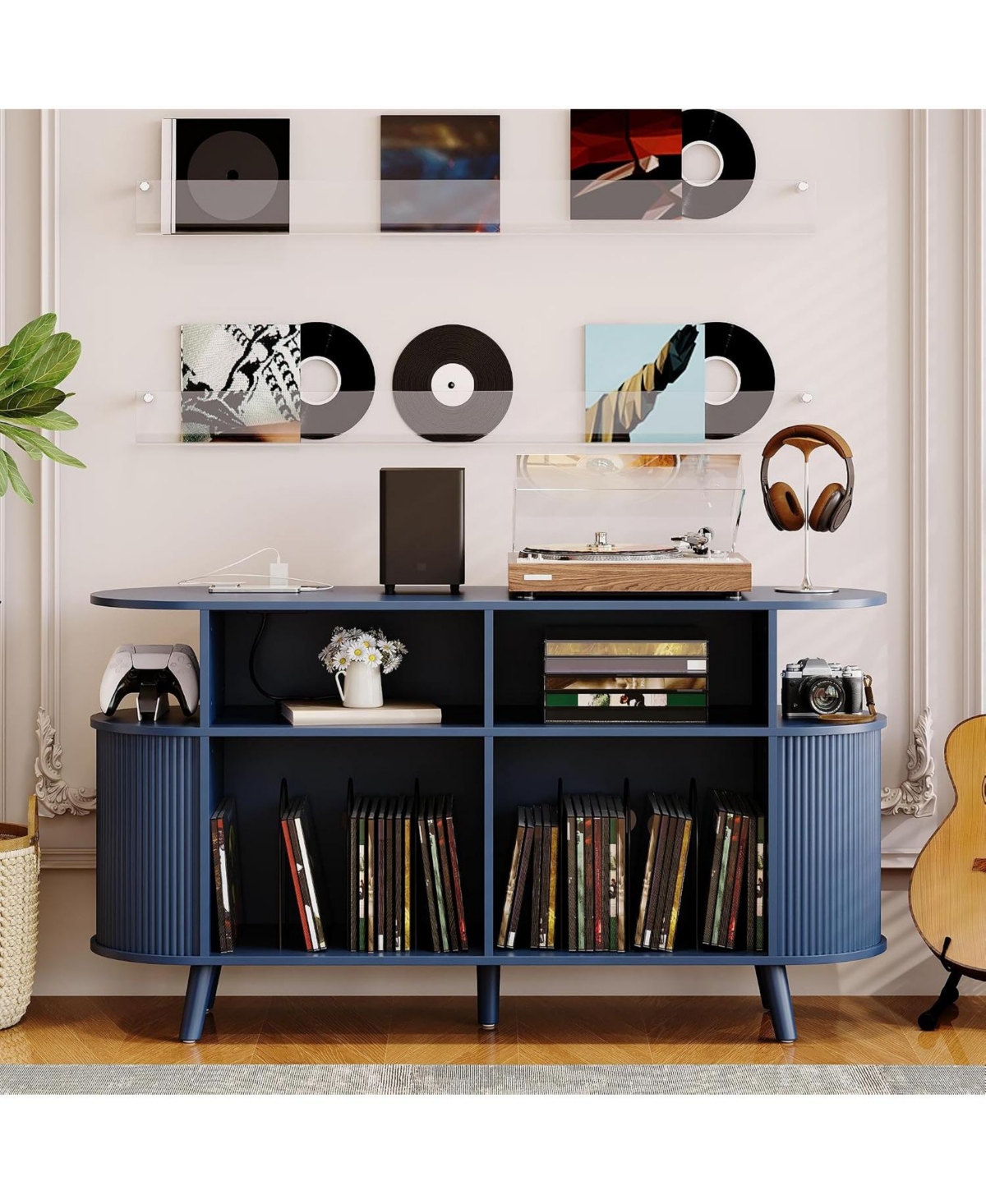 homfan 55" Round Mid-Century Tv Stand and Media Console with Vinyl Storage and Charging Station, Open Shelves