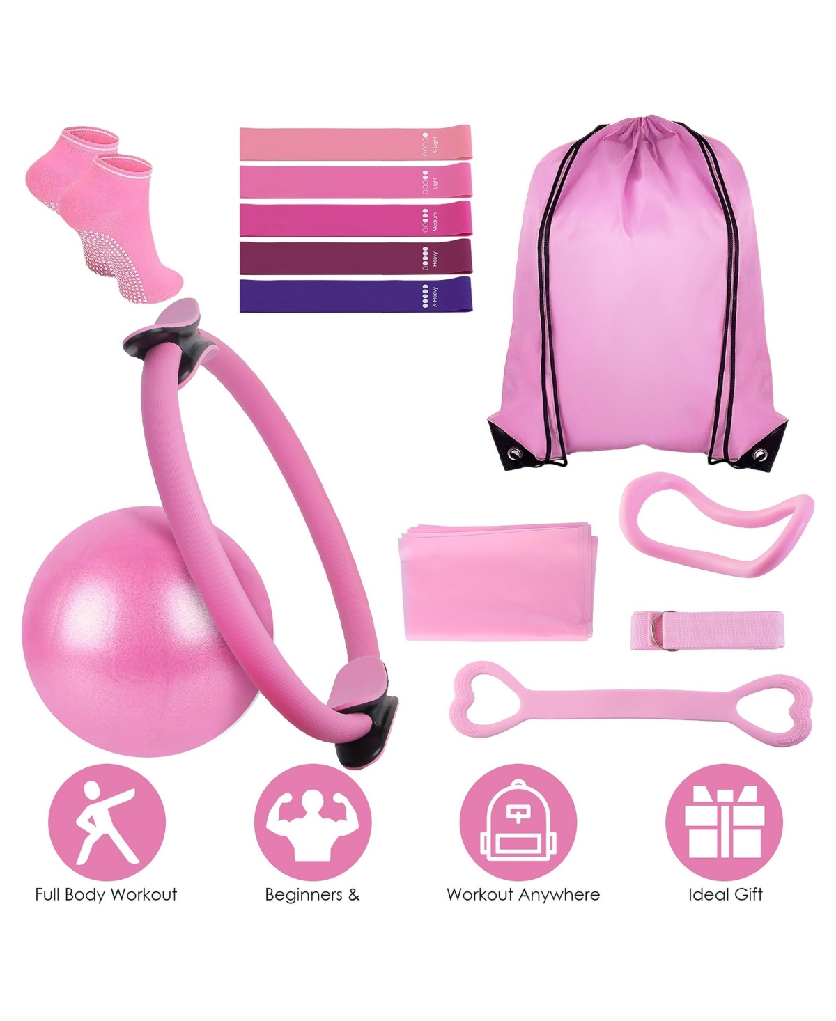 Sevorley 14-Piece Pilates Kit with Ring, Ball, 5 Resistance Bands, Yoga Strap, Non-Slip Socks and Carry Bag - Pink