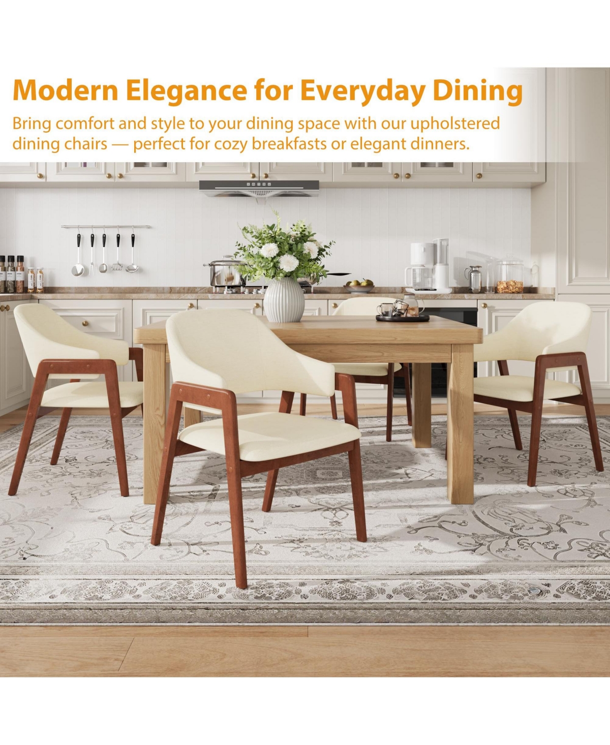 homfan Dining Chairs Set of 4 with Arms, Modern Upholstered Fabric Dining Chair, Sturdy Wood Chairs with Ergonomic Curved Backrest for Kitchen
