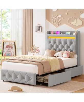 Upholstered LED Bed Frame, Storage Headboard, Charging Station and 2 Drawers, Velvet Princess Platform for Kids, Support, No Box Spring