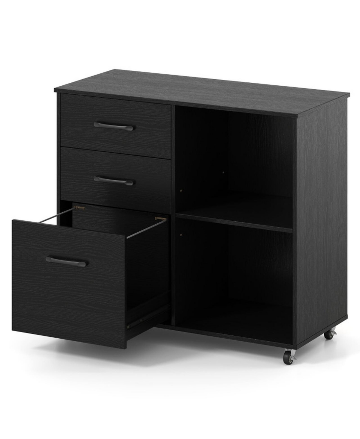 Sugift Mobile 3-Drawer Lateral File Cabinet and Rolling Printer Stand with Open Shelves - Black