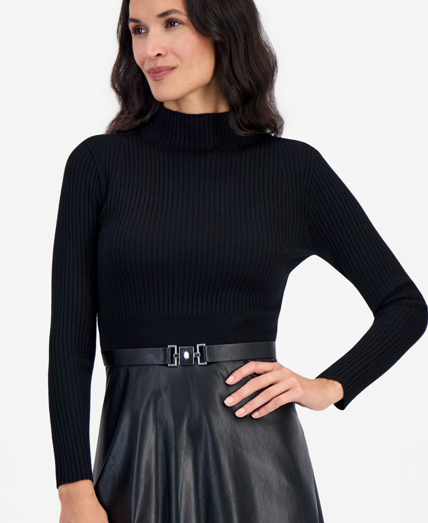 Женское платье Robbie Bee Petite Mockneck Long-Sleeve Belted, цвет: Чёрный — фото 2