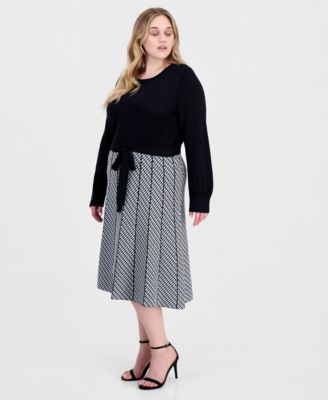 Plus Size Combo Skirt Long-Sleeve Knit Midi A-Line Dress