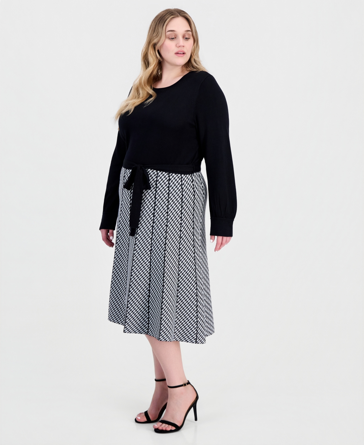 Robbie Bee Plus Size Combo Skirt Long-sleeve Knit Midi A-line Dress In Black.ivory