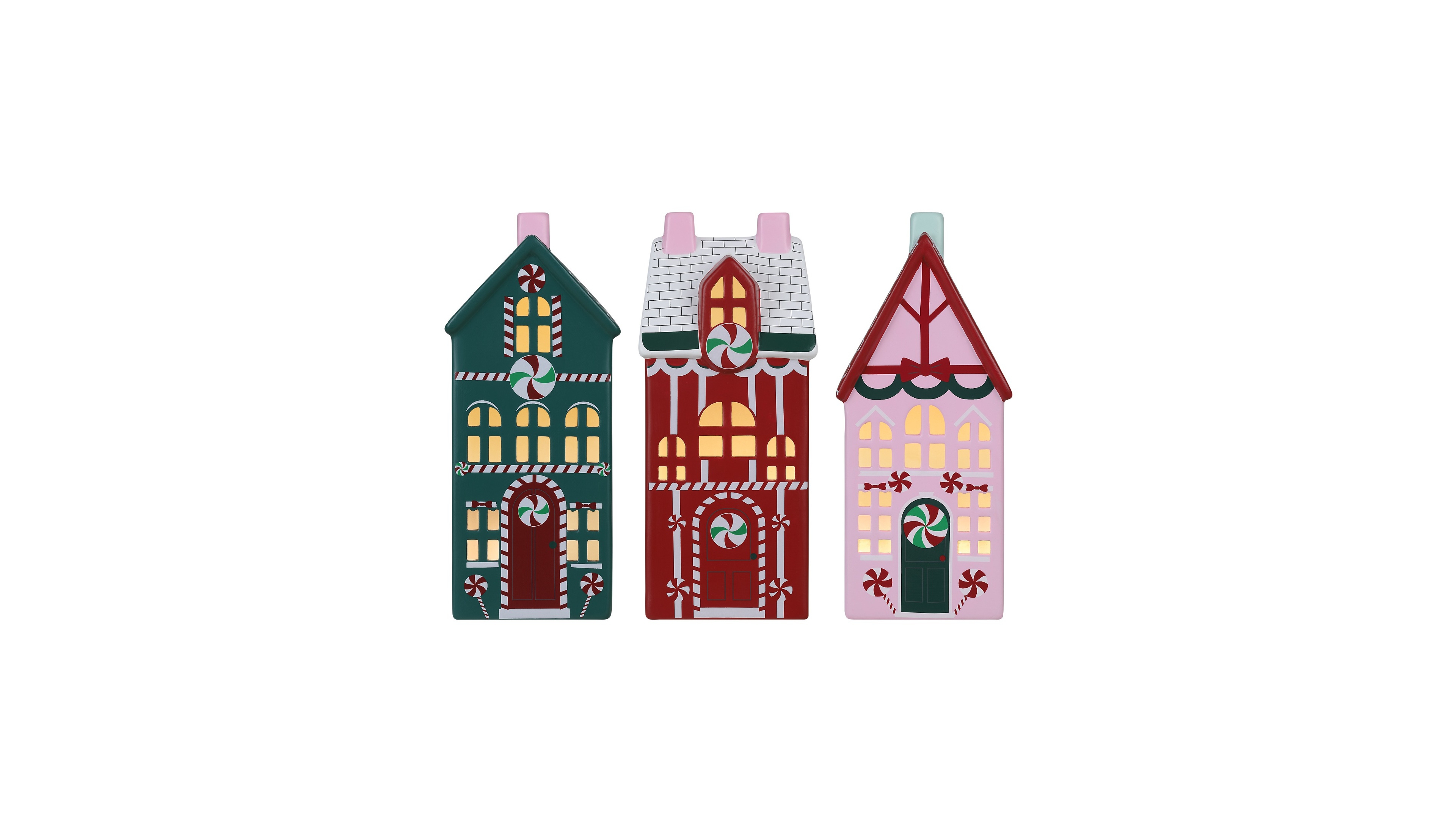 Mr. Christmas Ceramic Illuminated Flat Houses, Set of 3