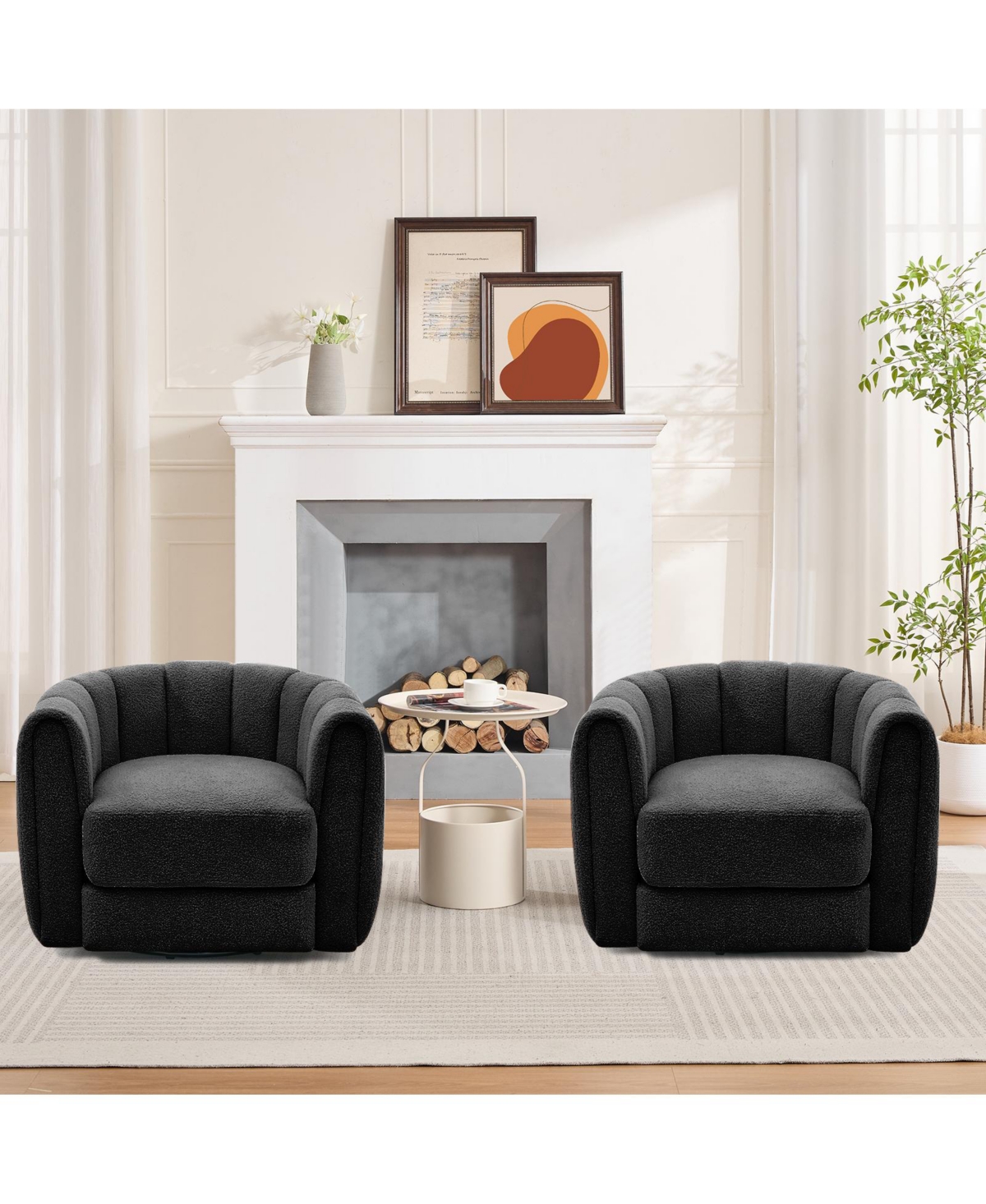 homfan Modern Swivel Barrel Accent Chair, 360degrees) Upholstered Armchair With Striped Backrest And Plush Padding, Round Lounge