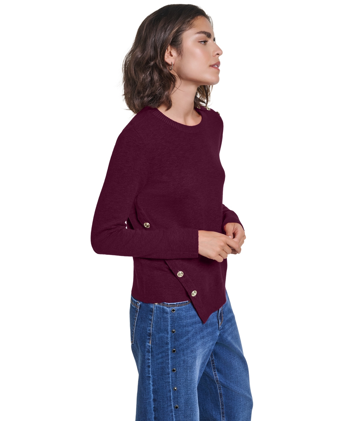 Karl Lagerfeld Paris Petite Crewneck Long-Sleeve Asymmetrical-Hem Sweater