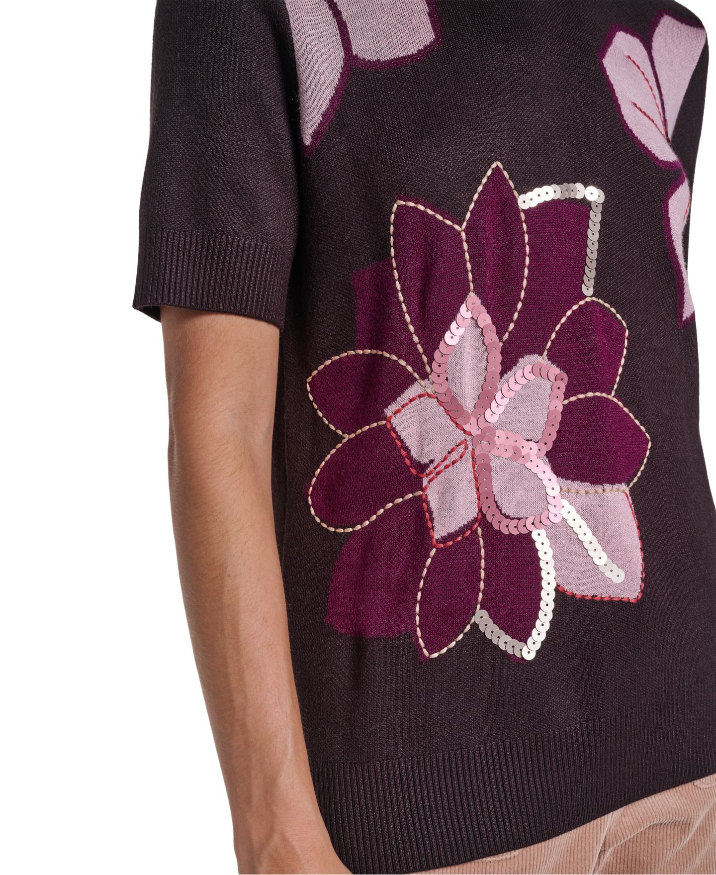 Женский свитер KARL LAGERFELD PARIS Petite Floral-Print Short-Sleeve Embellished, цвет: Шоколадный — фото 7