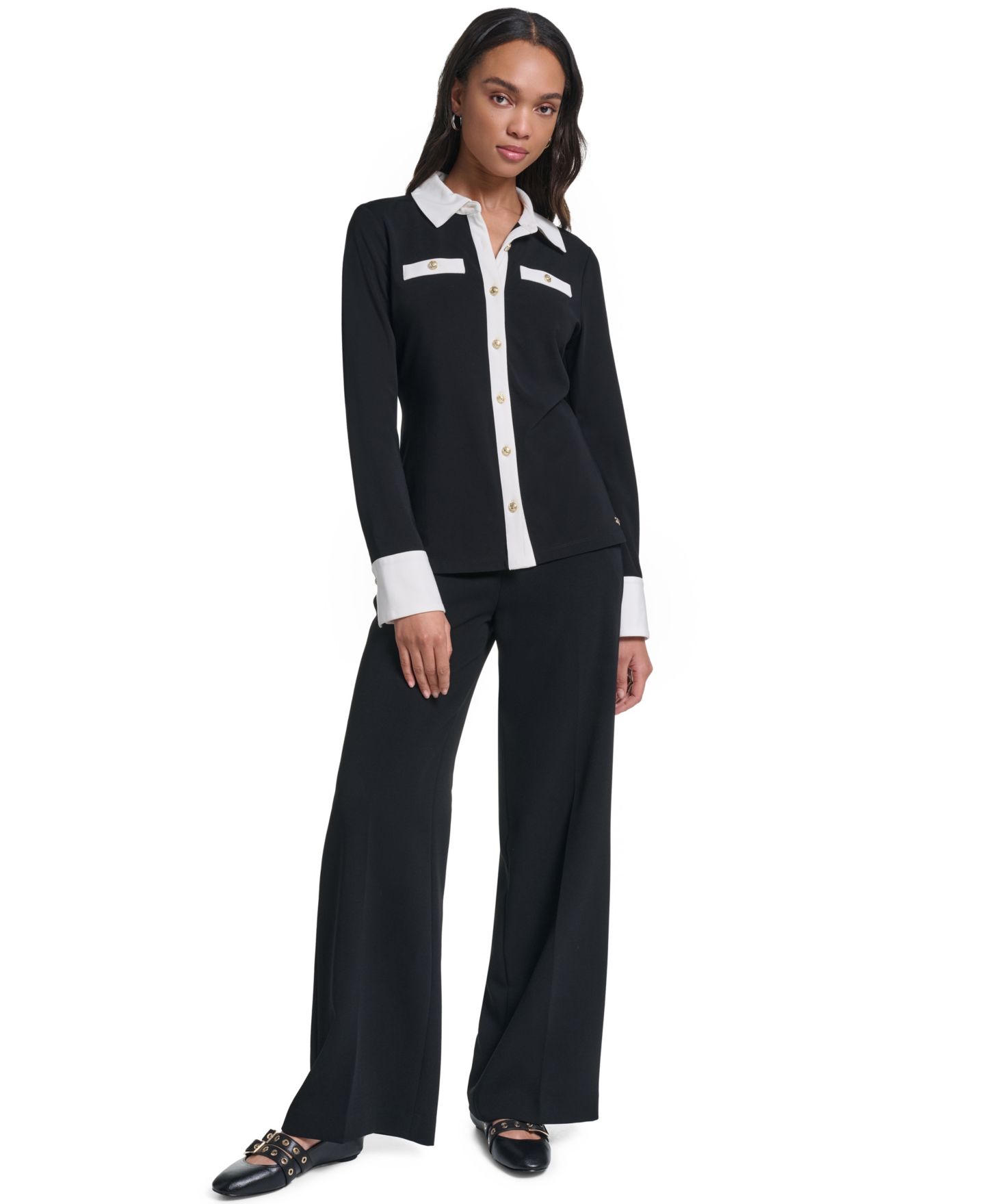 Женская блузка KARL LAGERFELD PARIS Petite Long-Sleeve Colorblock-Knit Blouse, цвет: Чёрный — фото 2