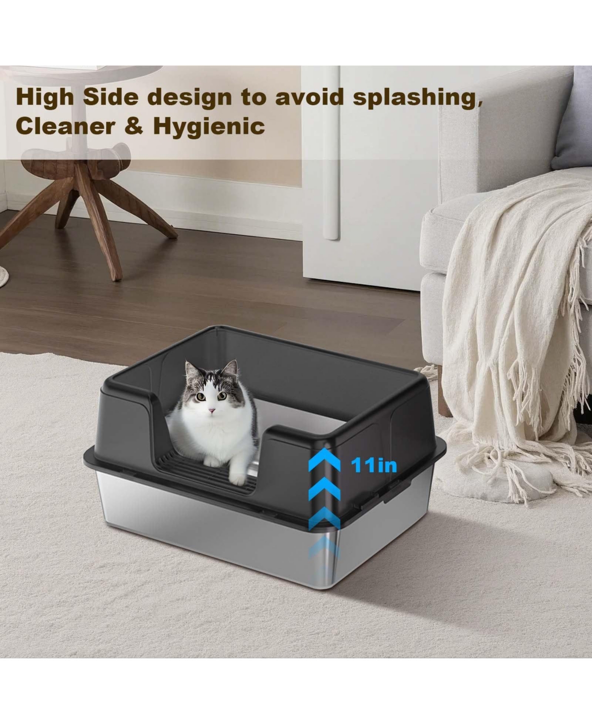 homfan Stainless Steel Litter Box, Extra Large, High Sides, Removable Tray, Non-Slip Mat, Scooper Included