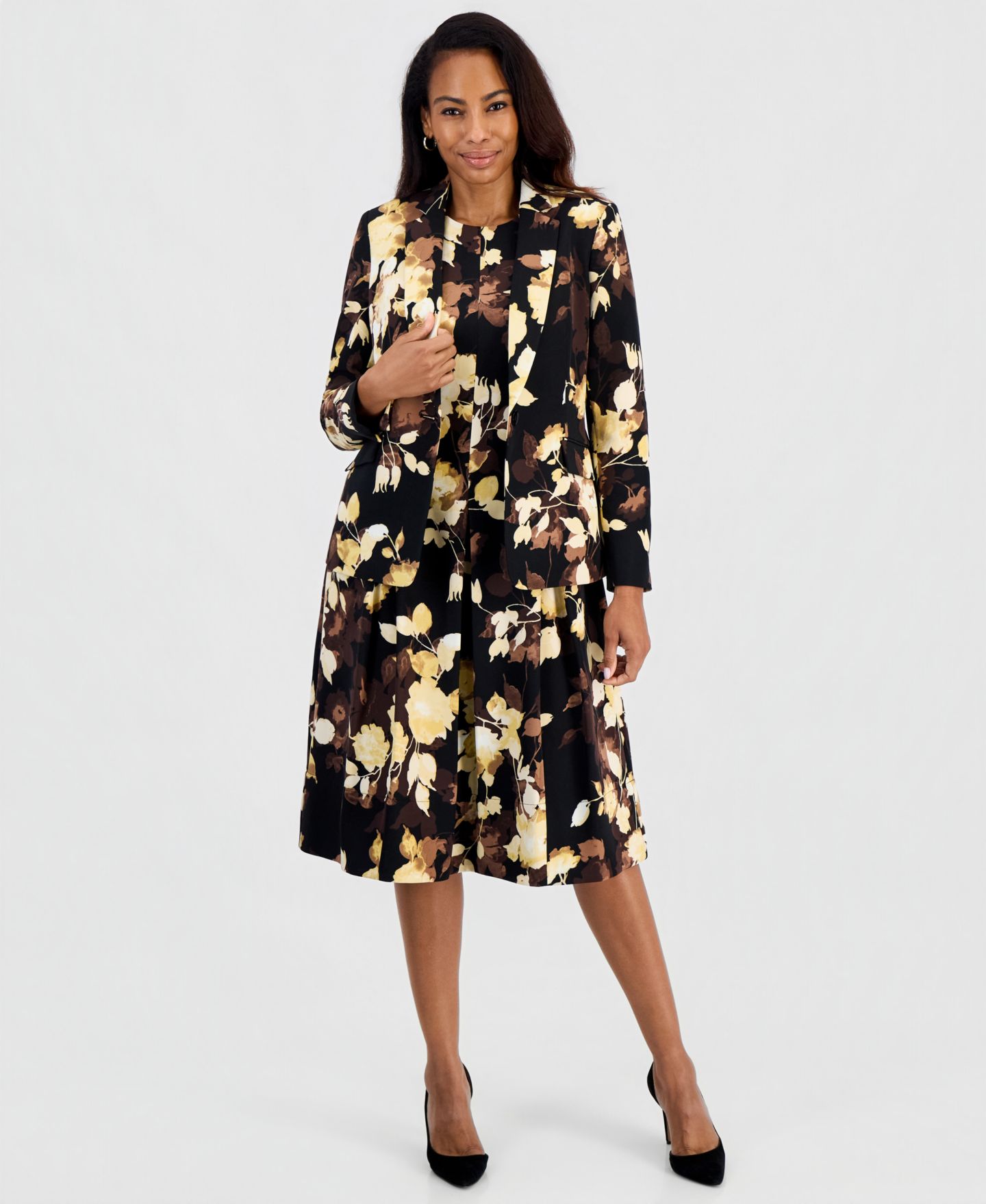 Женский пиджак Kasper Box-Pleat Sleeveless Dress & Long-Sleeve Printed Scuba Blazer, цвет: Чёрный разноцветный — фото 1