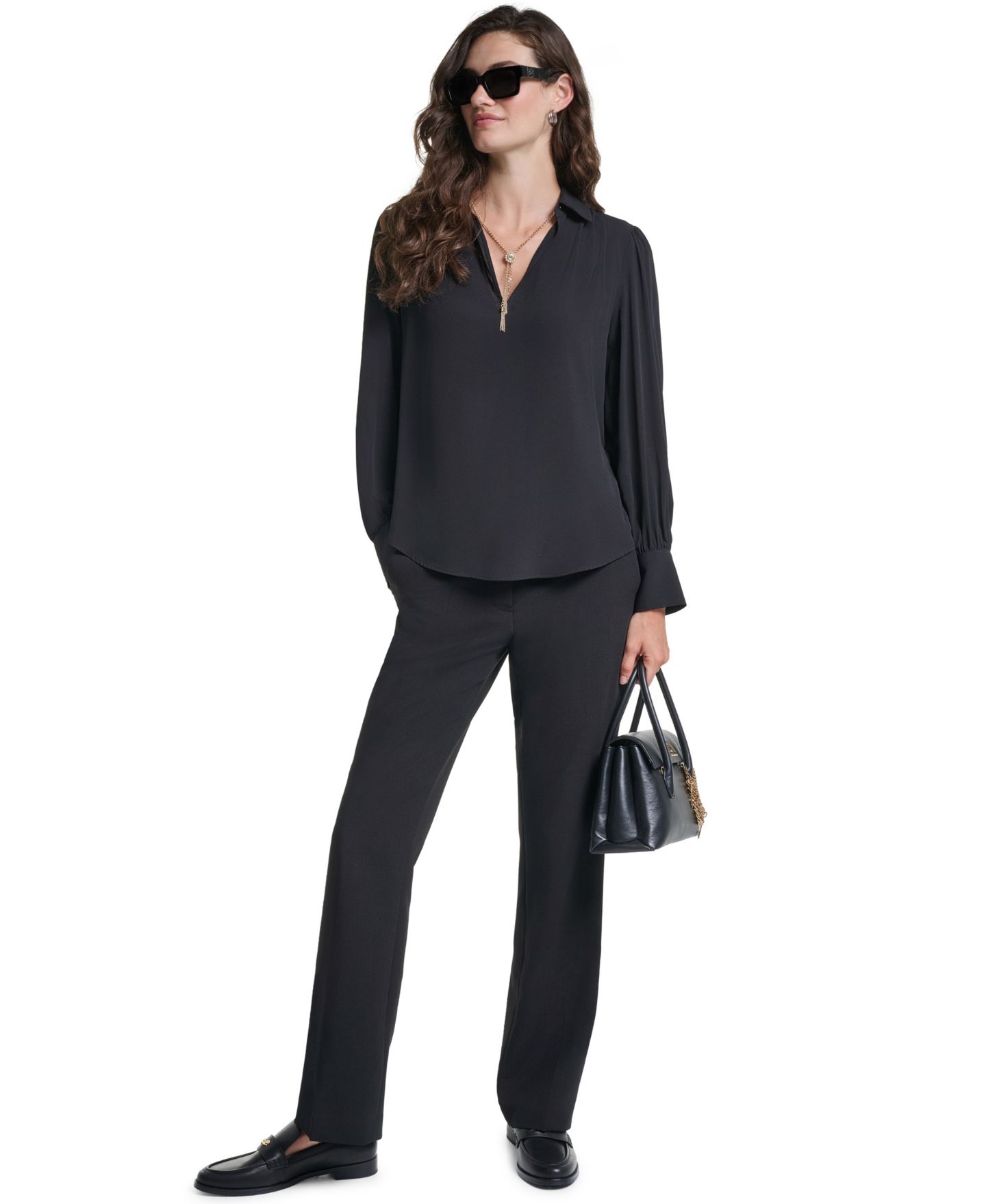Женская блузка KARL LAGERFELD PARIS Petite Long-Sleeve Collared Blouse, цвет: Чёрный — фото 8