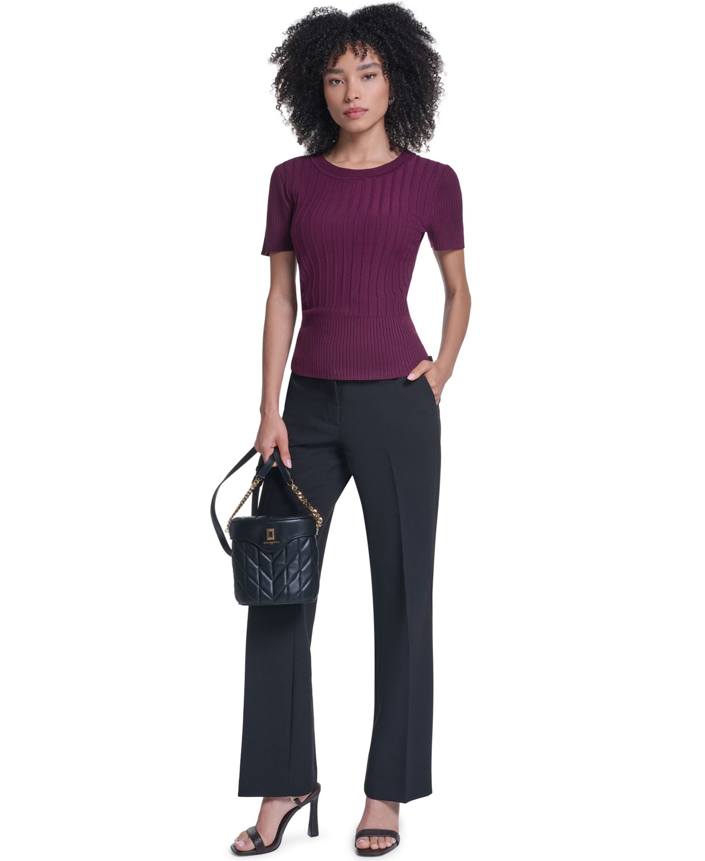Женский свитер KARL LAGERFELD PARIS Petite Short-Sleeve Crewneck Ribbed, цвет: Вишнёвый — фото 6