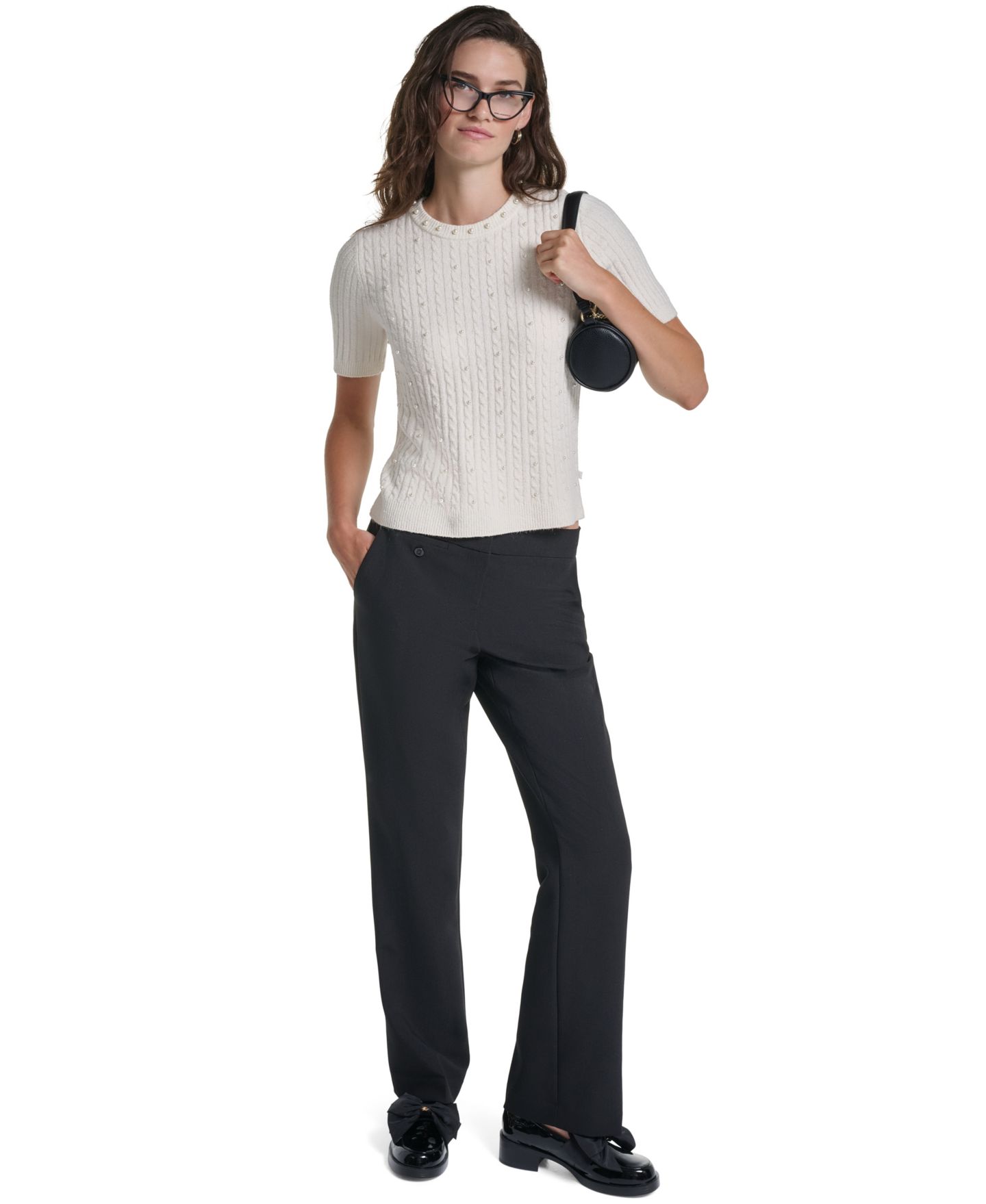 Женский свитер KARL LAGERFELD PARIS PetiteCable-Knit Crewneck Short-Sleeve Sweater, цвет: Берёзовый — фото 9