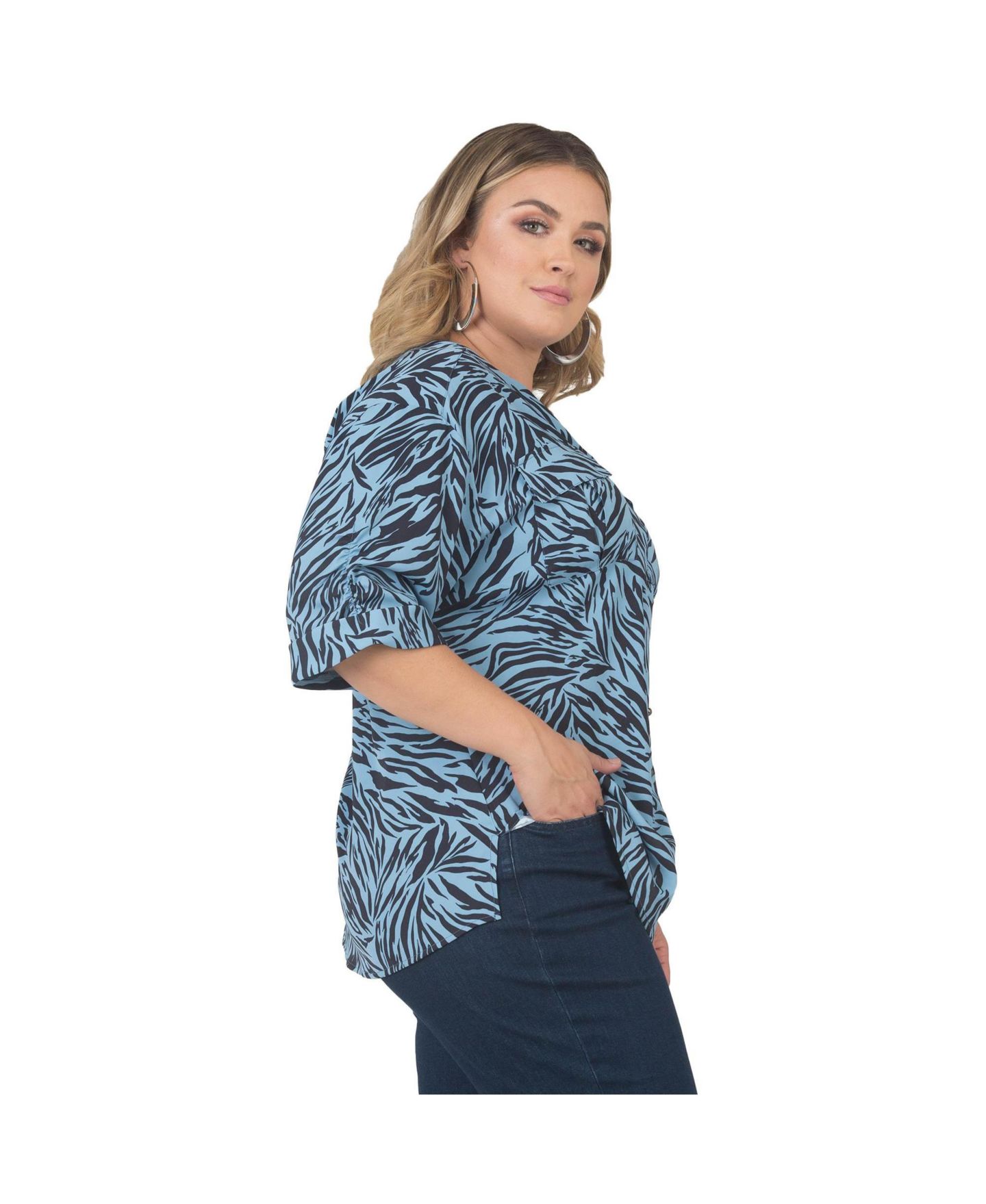 Женская рубашка Standards & Practices Plus Size Zebra-Print Button-Front 3/4-Sleeve, цвет: Синий зебра — фото 3
