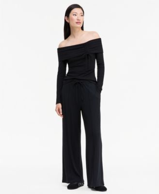 Women's Off-the-Shoulder Rib-Knit Wide-Leg Top and Pants