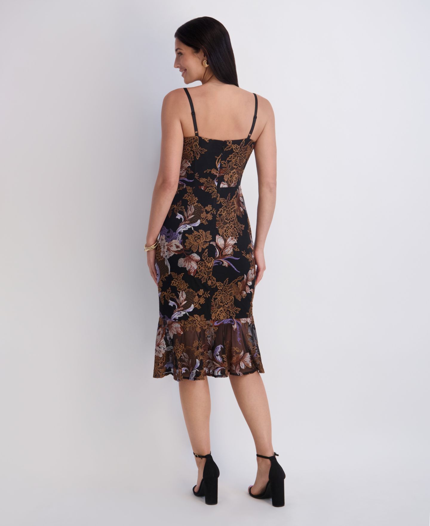 Женское платье Siena Embroidered Mesh Spaghetti-Strap Mermaid Floral-Print Midi, цвет: Чёрный разноцветный — фото 5