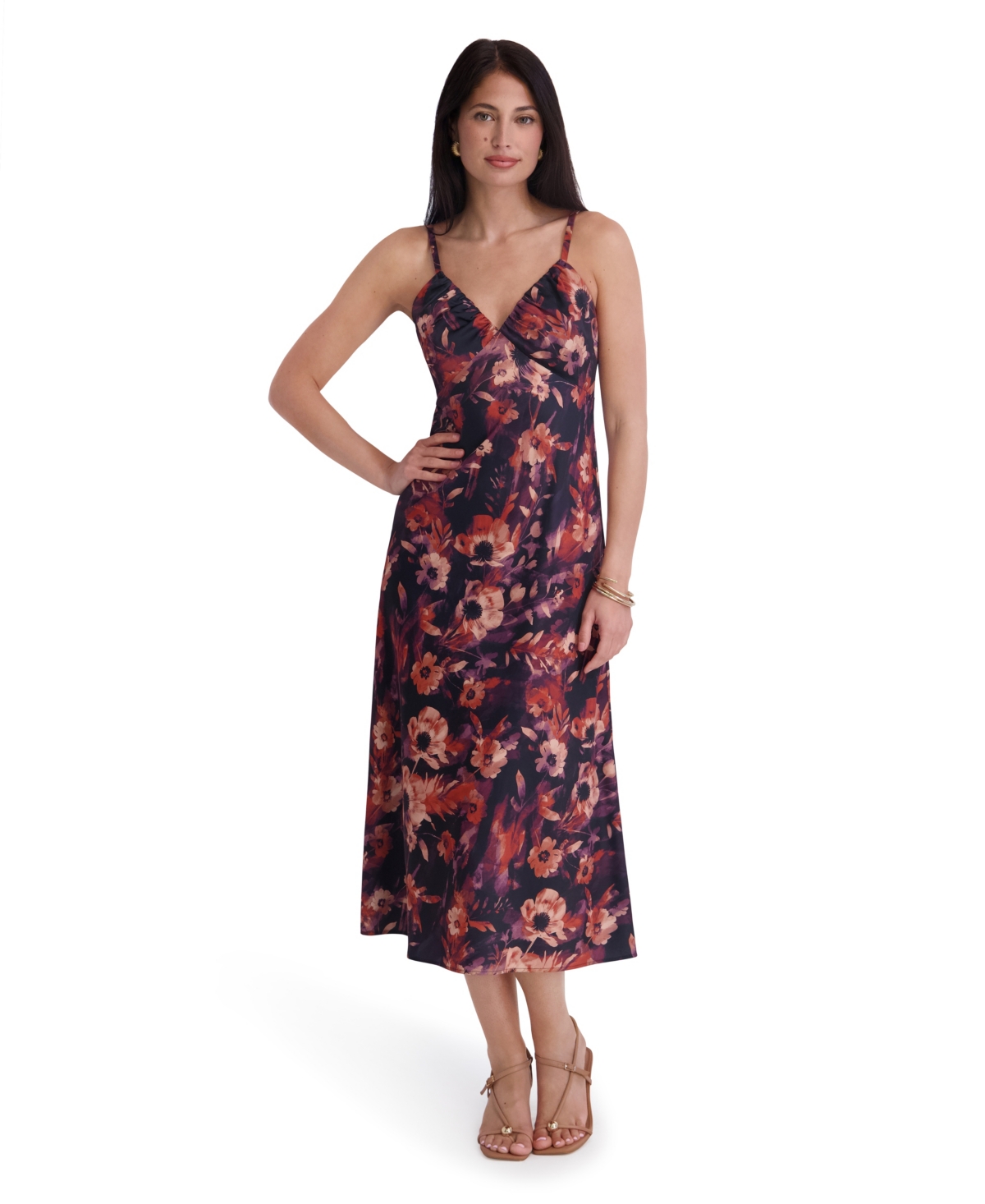 Siena Women's Printed Satin Sleeveless V-neck Maxi Dress In Navy Multi