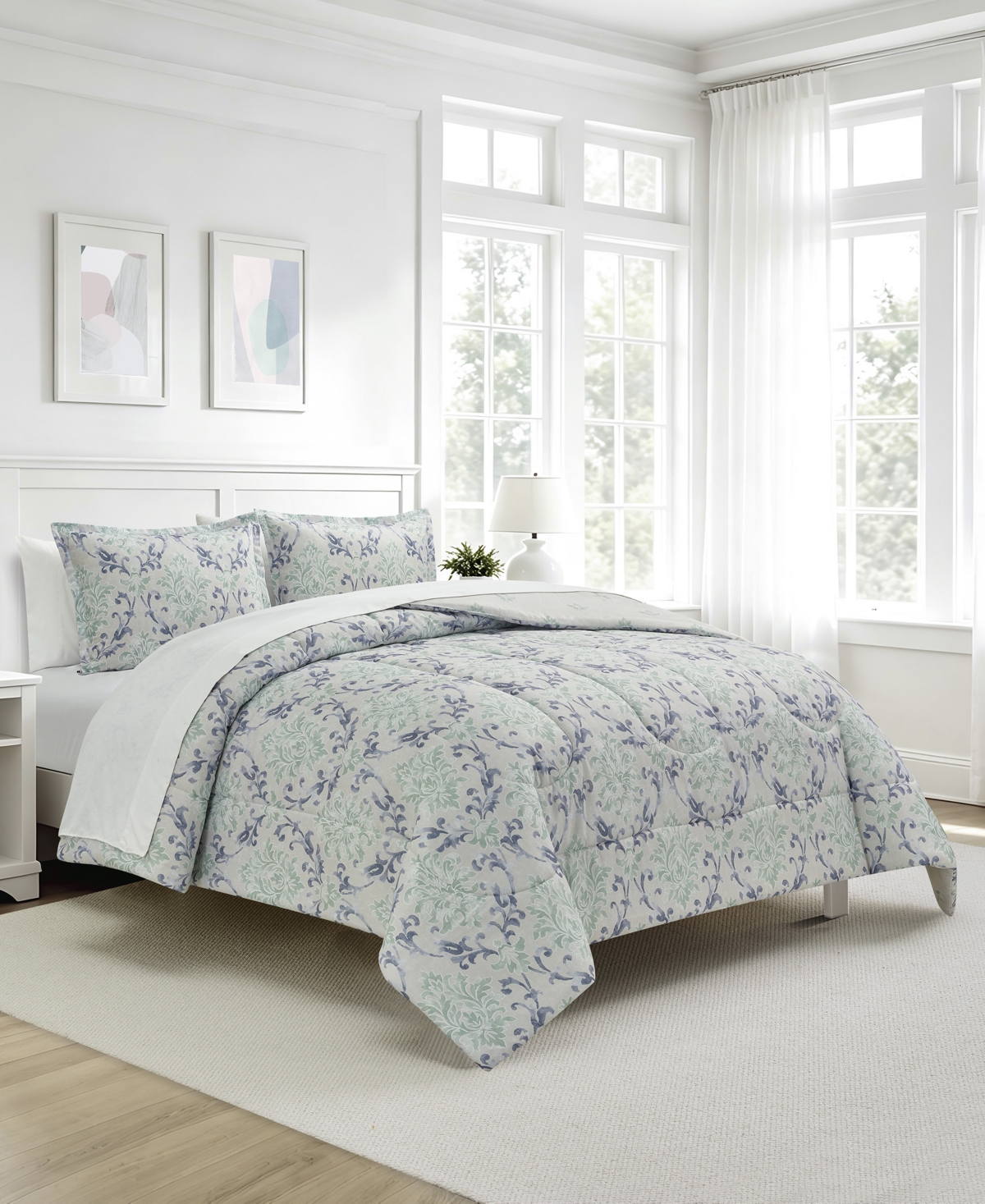 Macy's Painterly Damask Reversible Microfiber 3-piece Comforter Set In Blue,green