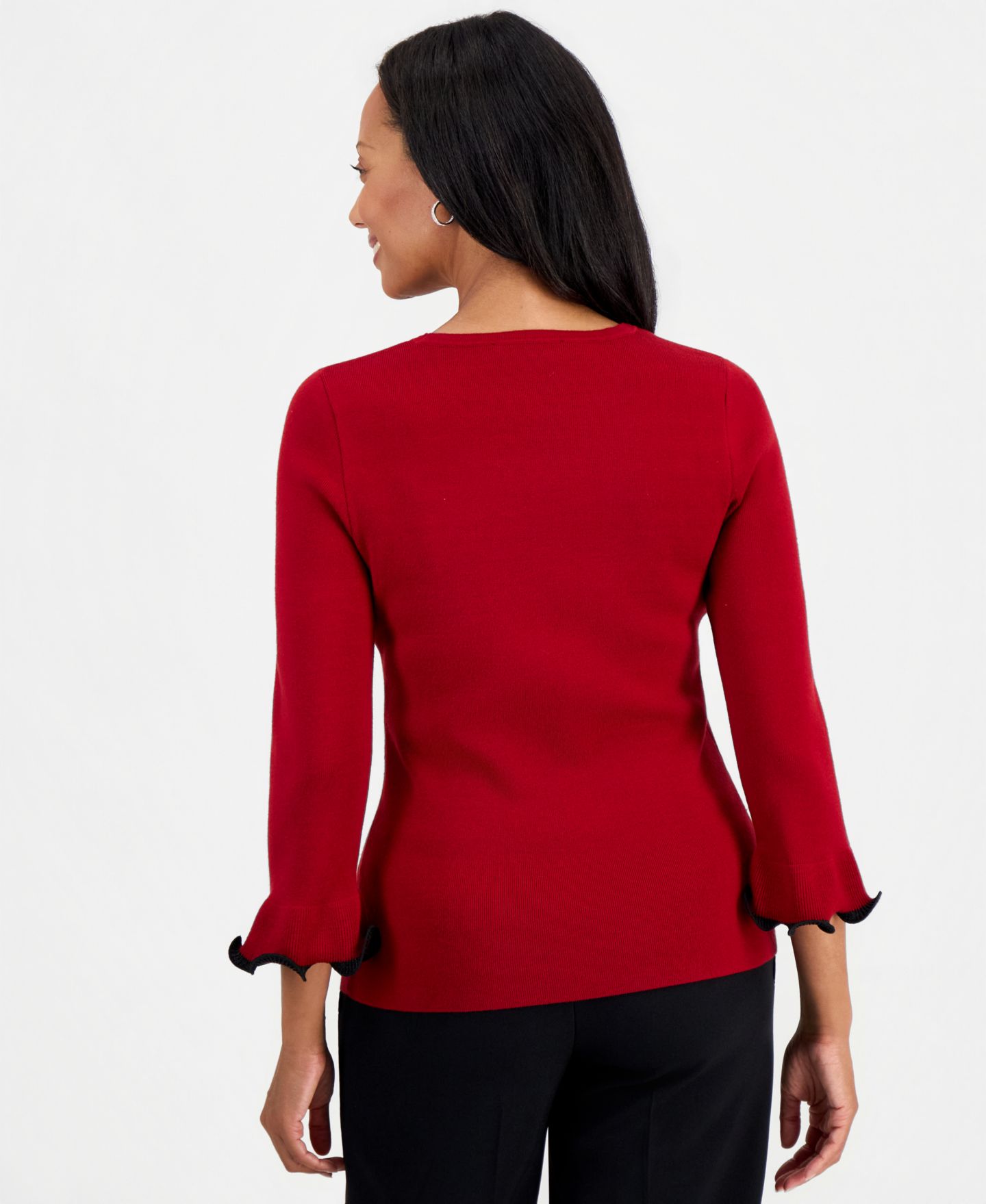 Женский свитер Kasper Petite Crew Neck Sculptural Cuff 3/4-Sleeve, цвет: Красный / Чёрный — фото 4