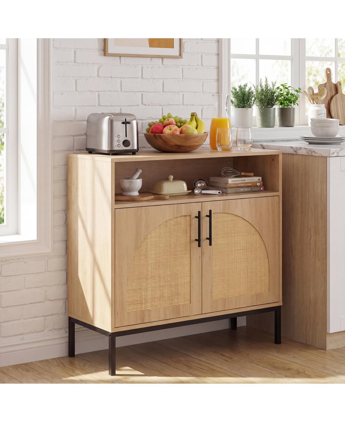 Costway Sideboard Buffet Cabinet with Rattan Decorated Doors, Adjustable Shelf