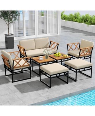 7 Piece Outdoor Patio Conversation Set with Bungee Rope Seats, Acacia Wood Accents and Cushions