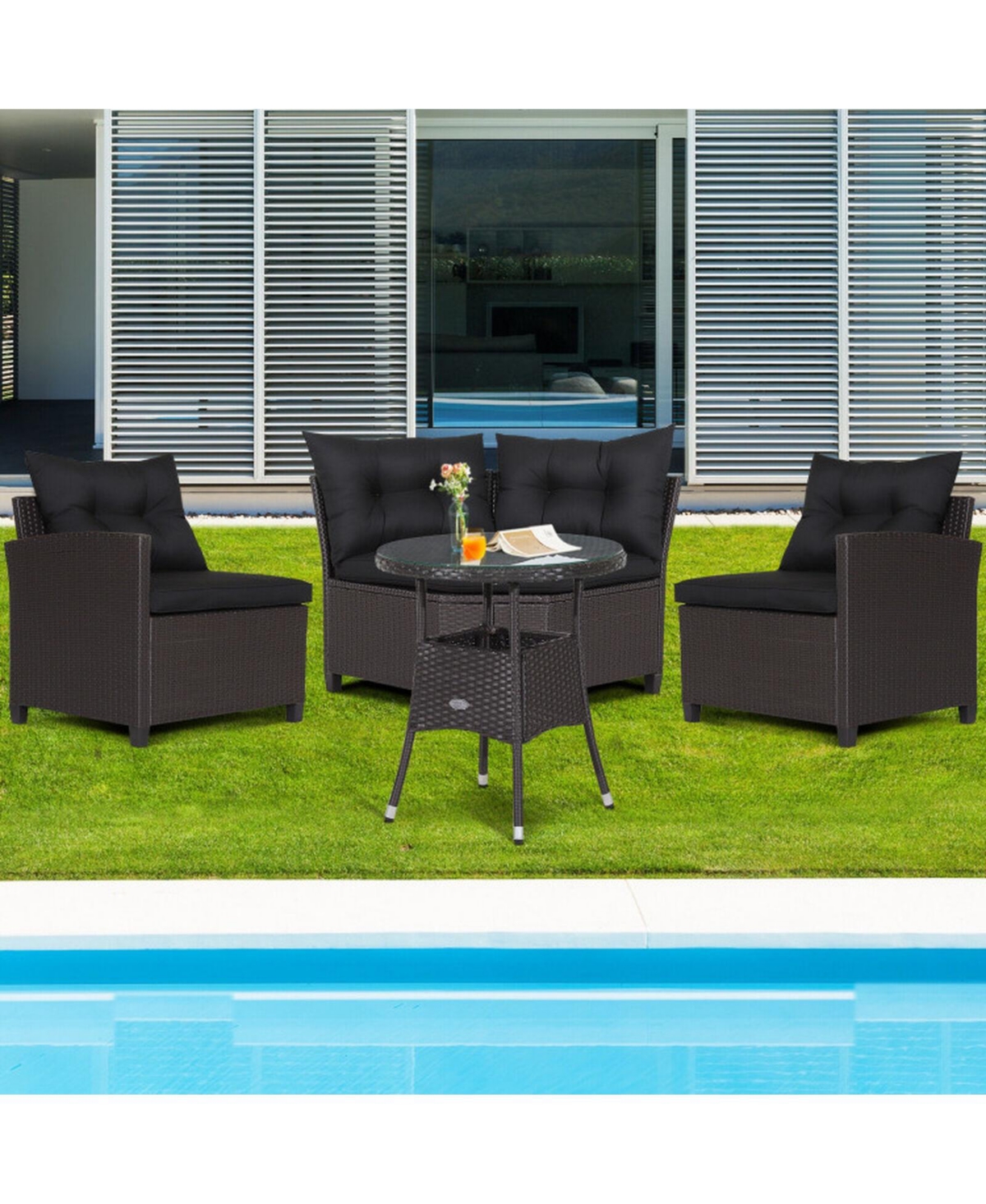 Gouun 4 Piece Outdoor Rattan Conversation Set with Round Glass Coffee Table and 3 Connected Sofas