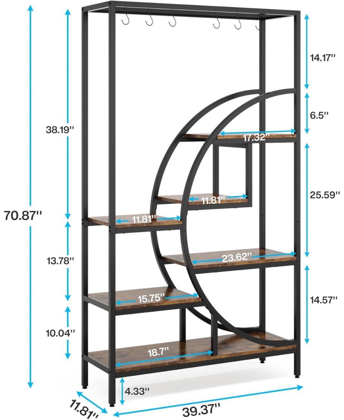 Tribesigns 7-Tier 70.9" Half Moon Shaped Plant Stand with Hanging Hooks