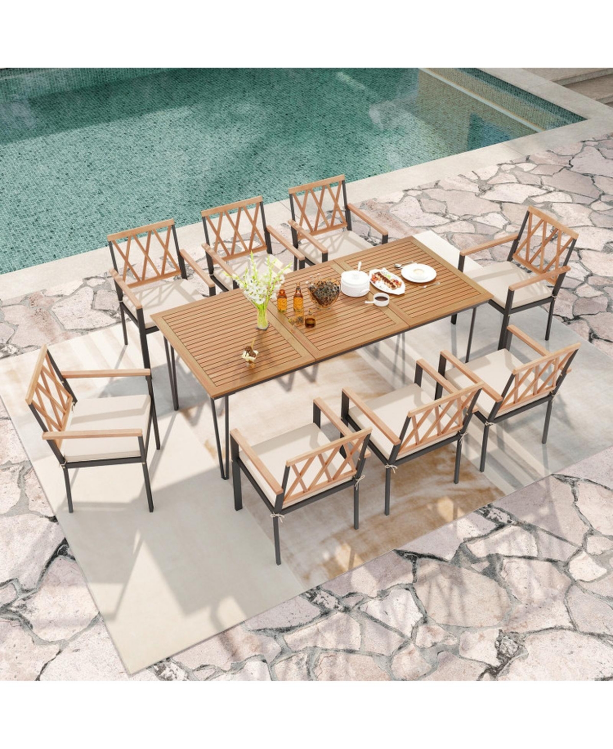 Gouun 9-Piece Outdoor Acacia Wood Patio Dining Set with Wide Padded Chairs and Umbrella Hole