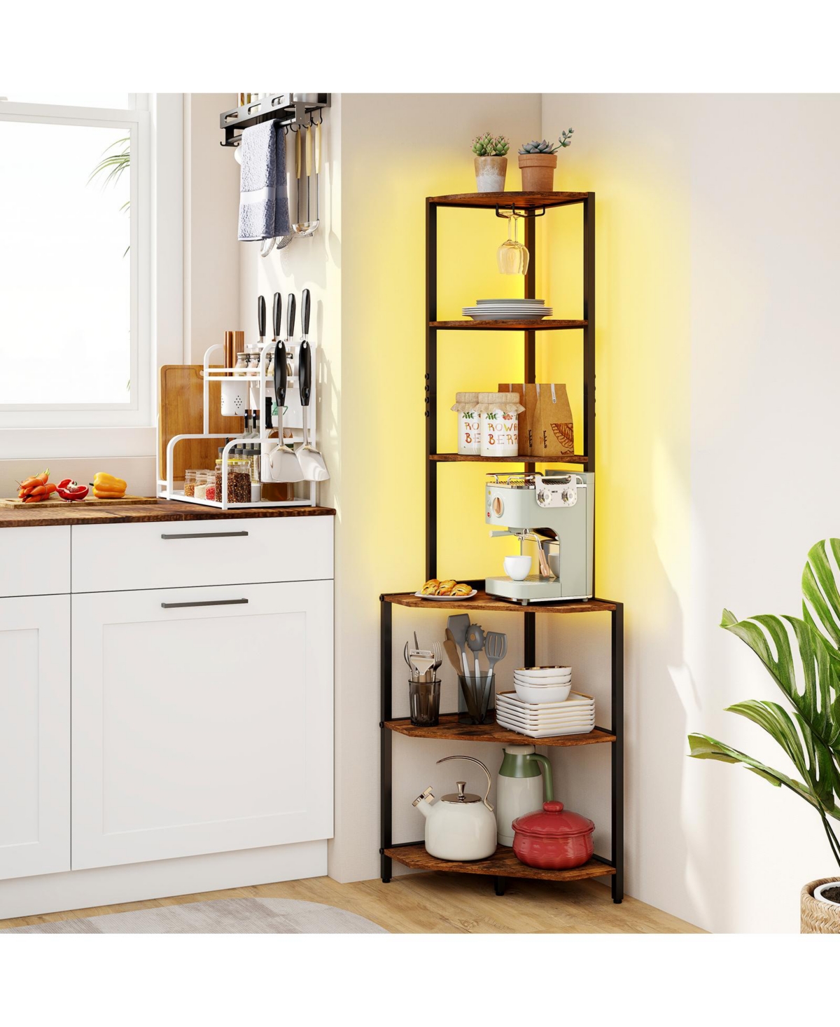 Costway 6-Tier Corner Shelf with Charging Station Ambience Light Stemware Rack