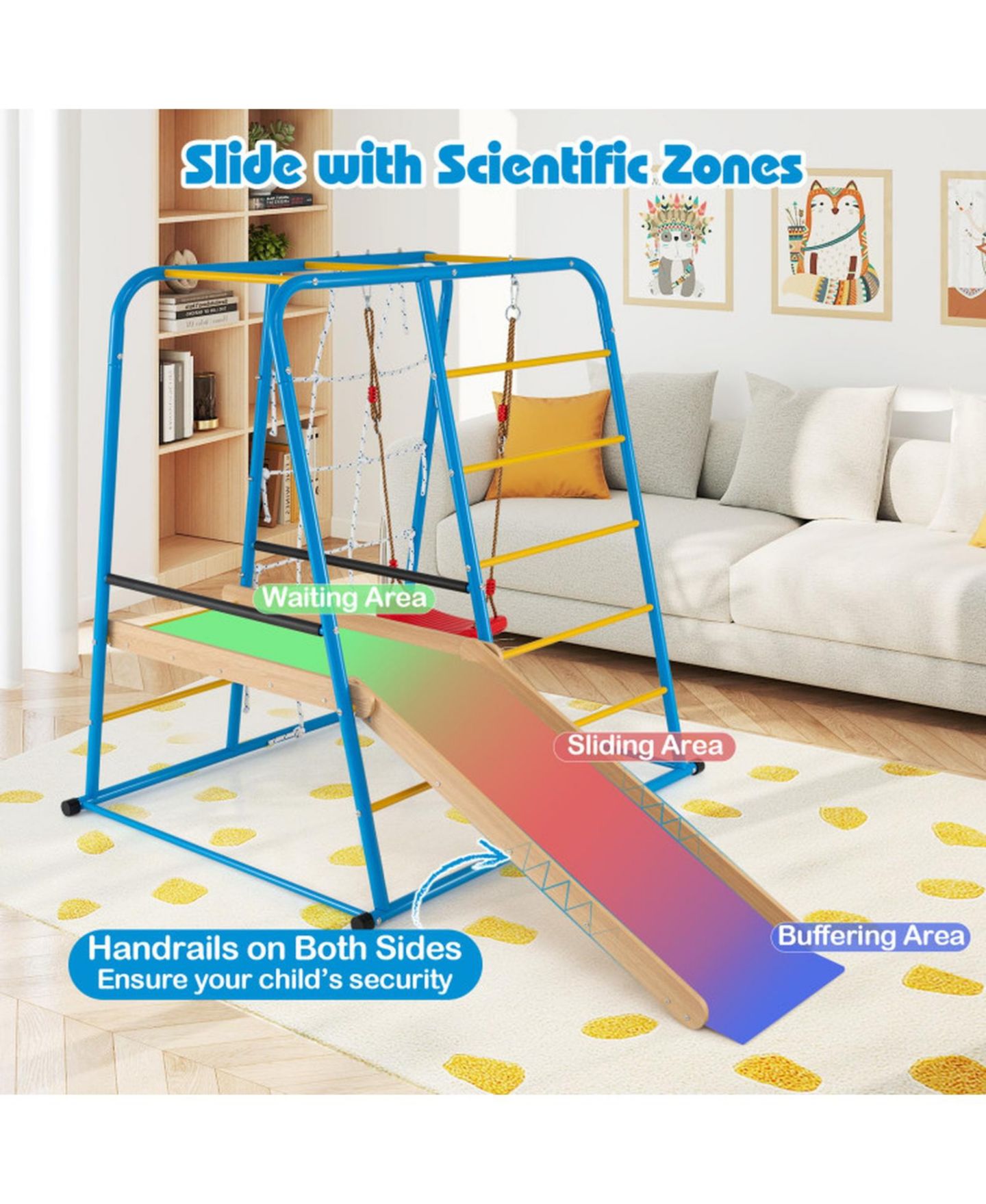 Детский игровой набор HONGGE 6-in-1 Indoor Jungle Gym Playset with Adjustable Swing, 89" x 59" x 62", 220 lbs Capacity, Ages 3+, цвет: Разноцветный / Синий — фото 7