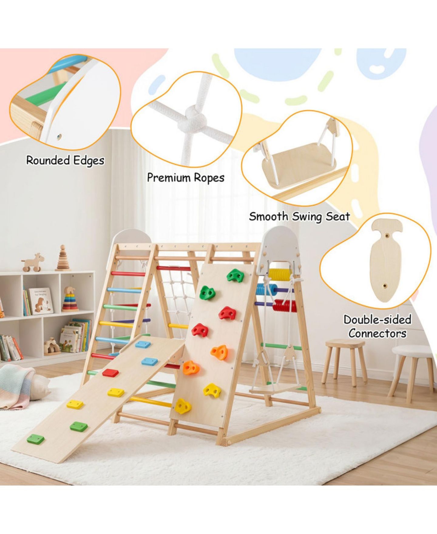 Детская игрушка HONGGE Foldable Wooden Jungle Gym with Swing and Monkey Bars, от 3 лет, цвет: Коричневый — фото 5