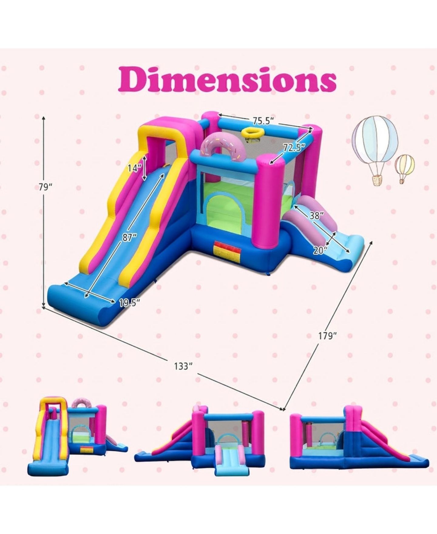 Детские игрушки HONGGE Inflatable Bounce House with Dual Slides and Basketball Hoop, 179" x 133" x 79", Ages 3-12, цвет: Розовый — фото 3
