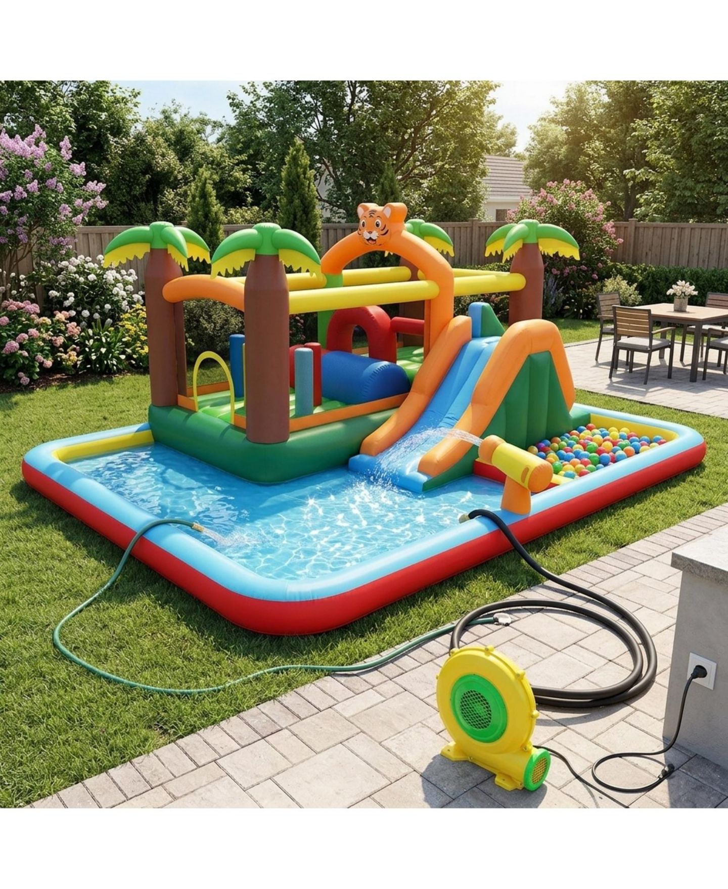 Детские игрушки HONGGE Tiger Inflatable Water Park Bounce House with Obstacle Course and Double Slides, 2 Blowers, Ages 3-12, цвет: Оранжевый — фото 2