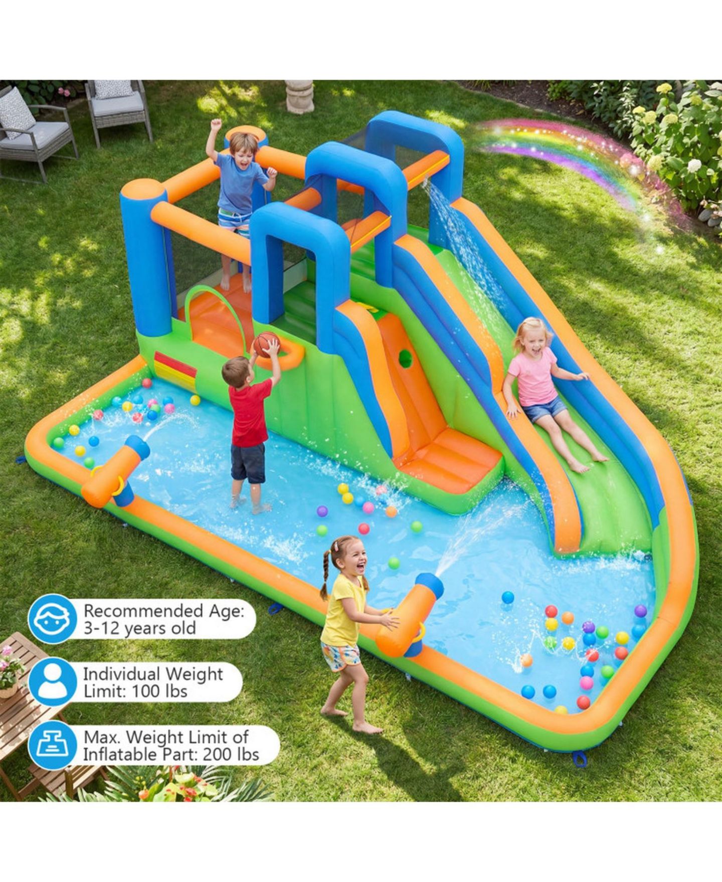 Детская игрушка HONGGE Inflatable Water Slide Bounce House with Splash Pool and 780W Blower Ages 3-12, цвет: Синий — фото 8