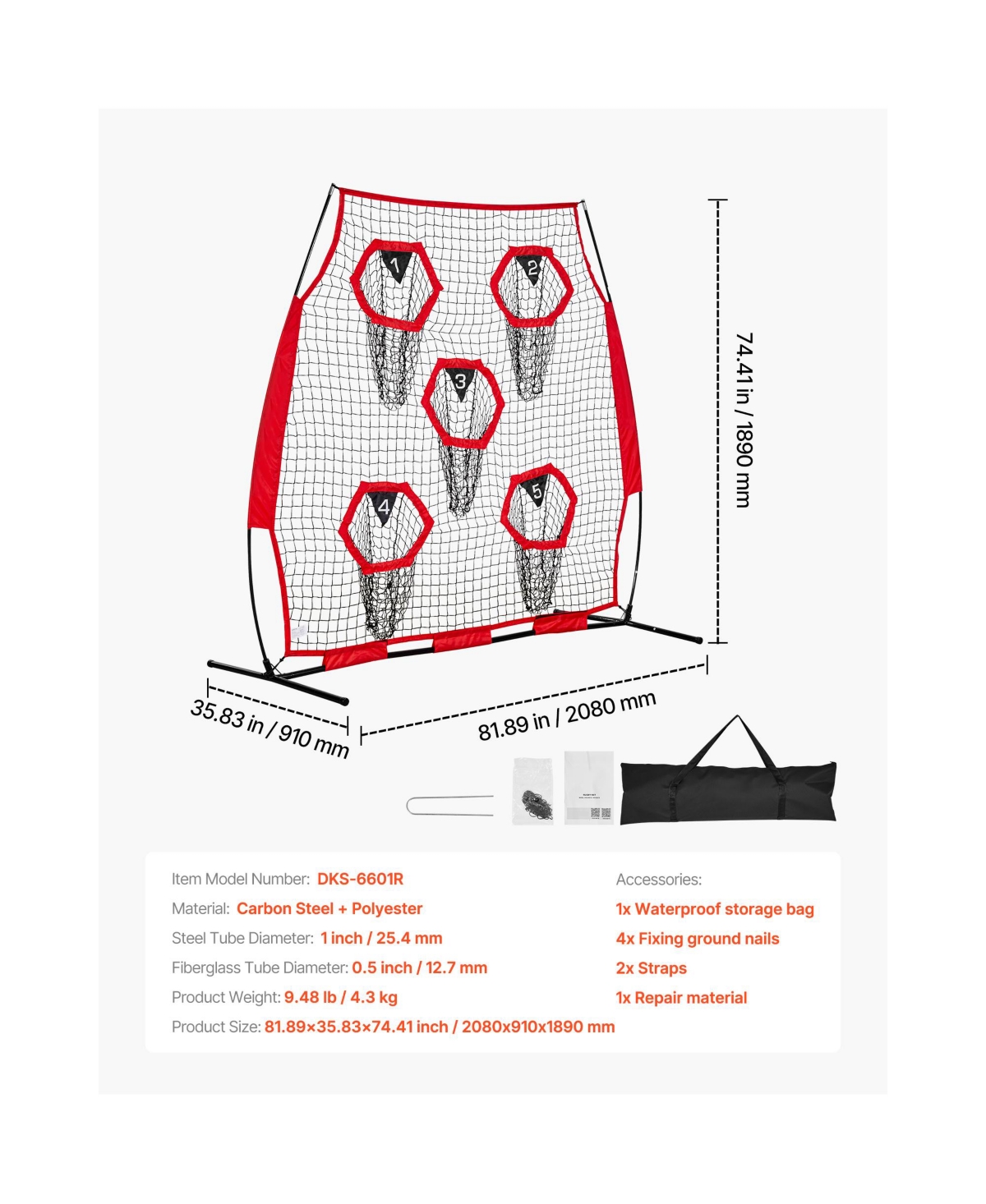 Hongge 6 x 6 ft Football Throwing Target Net with 5 Pockets Knotless Netting and Carry Case for Qb Accuracy Drills