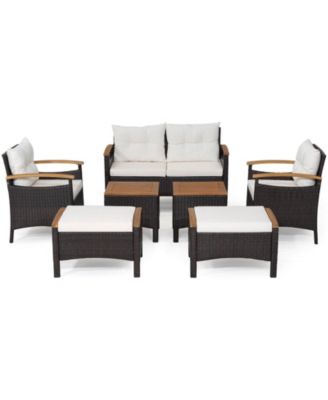 7-Piece Patio Furniture Set with Rattan Seating and Acacia Wood Table