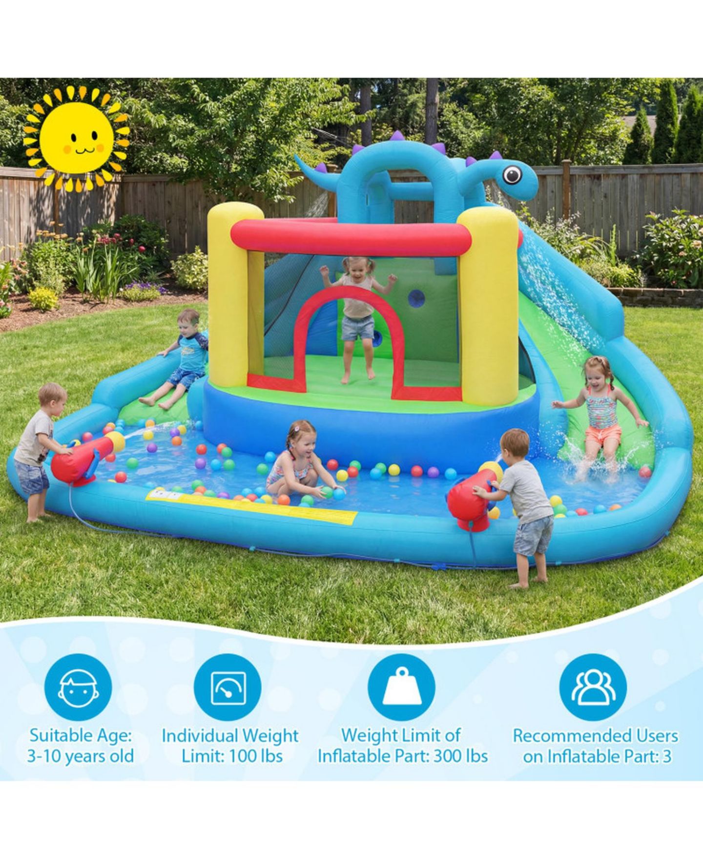 Детские игрушки HONGGE Dinosaur Inflatable Water Slide Bounce House with Double Slides and Splash Pool, Oxford Cloth, Holds 3 Players, Ages 3-10, цвет: Зелёный — фото 8