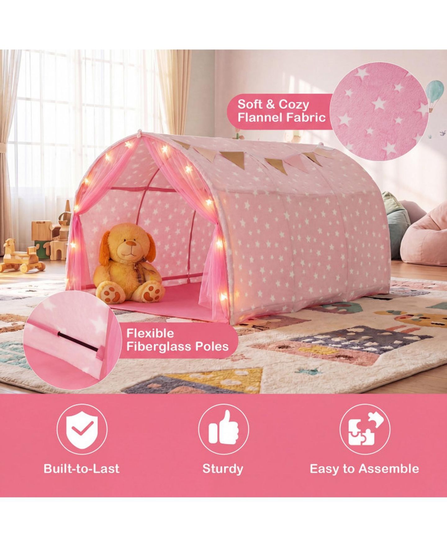 Детские игрушки HONGGE Glow-in-the-Dark Stars String Lights 3-Piece Bed Tent, Ages 3+, цвет: Розовый — фото 7