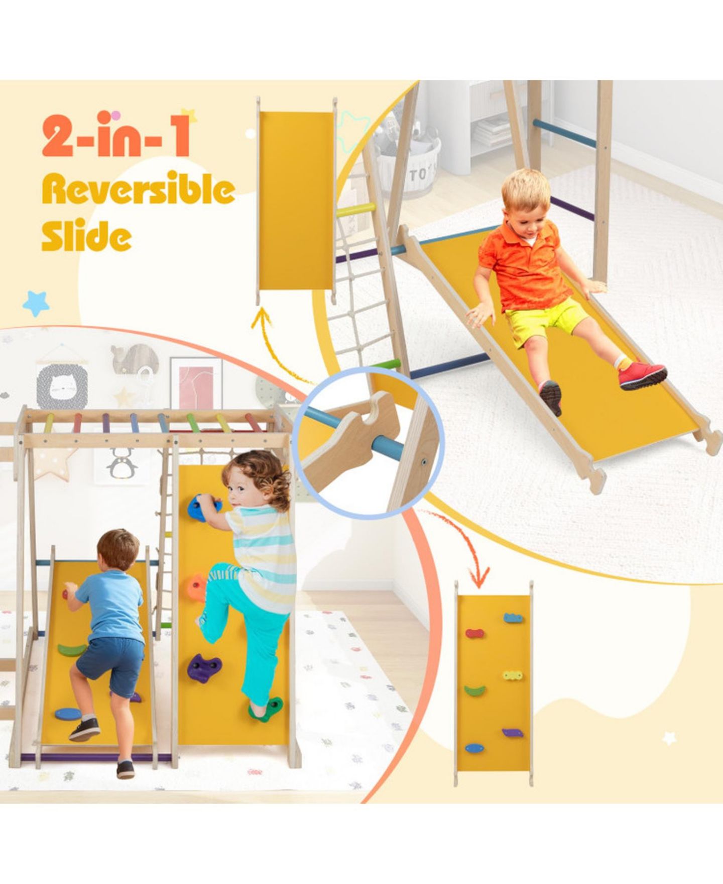 Детская игрушка HONGGE 6-in-1 Kids Indoor Jungle Gym with Slide and Climbing Wall Ages 3-14, цвет: Жёлтый — фото 5