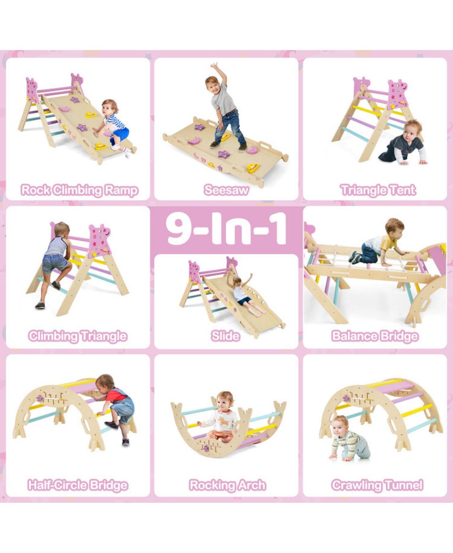 Детские игрушки HONGGE 8-in-1 Foldable Montessori Wooden Climbing Set, Ages 3+, цвет: Розовый — фото 3
