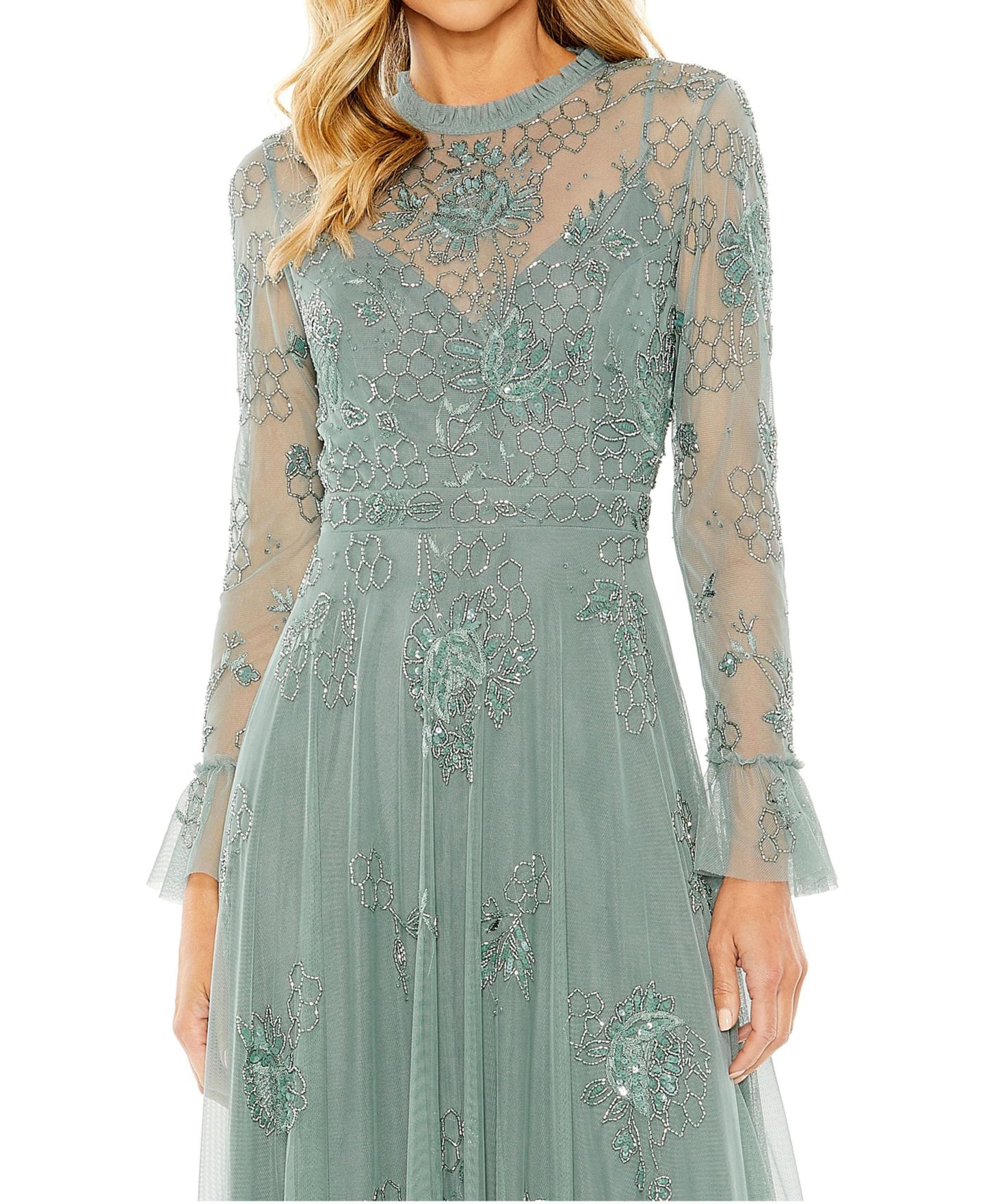 Женское платье Mac Duggal Beaded Embroidered Tulle Long Sleeve Gown, цвет: Еловый — фото 3
