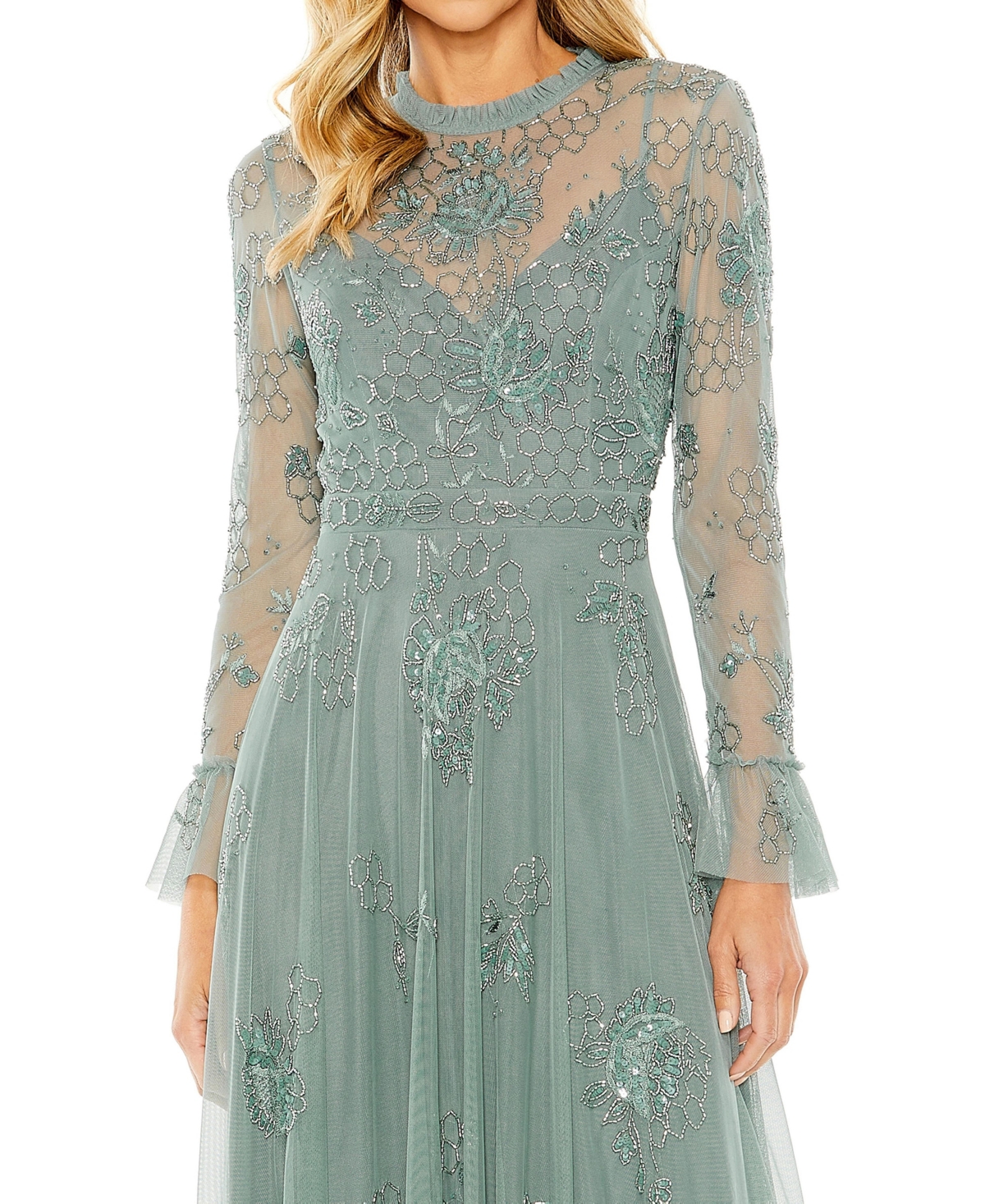Mac Duggal Women's Beaded Embroidered Tulle Long Sleeve Gown