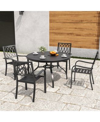 47in Round Faux Wood Patio Table with Umbrella Hole, Rustproof Metal Leg Outdoor Dining Table