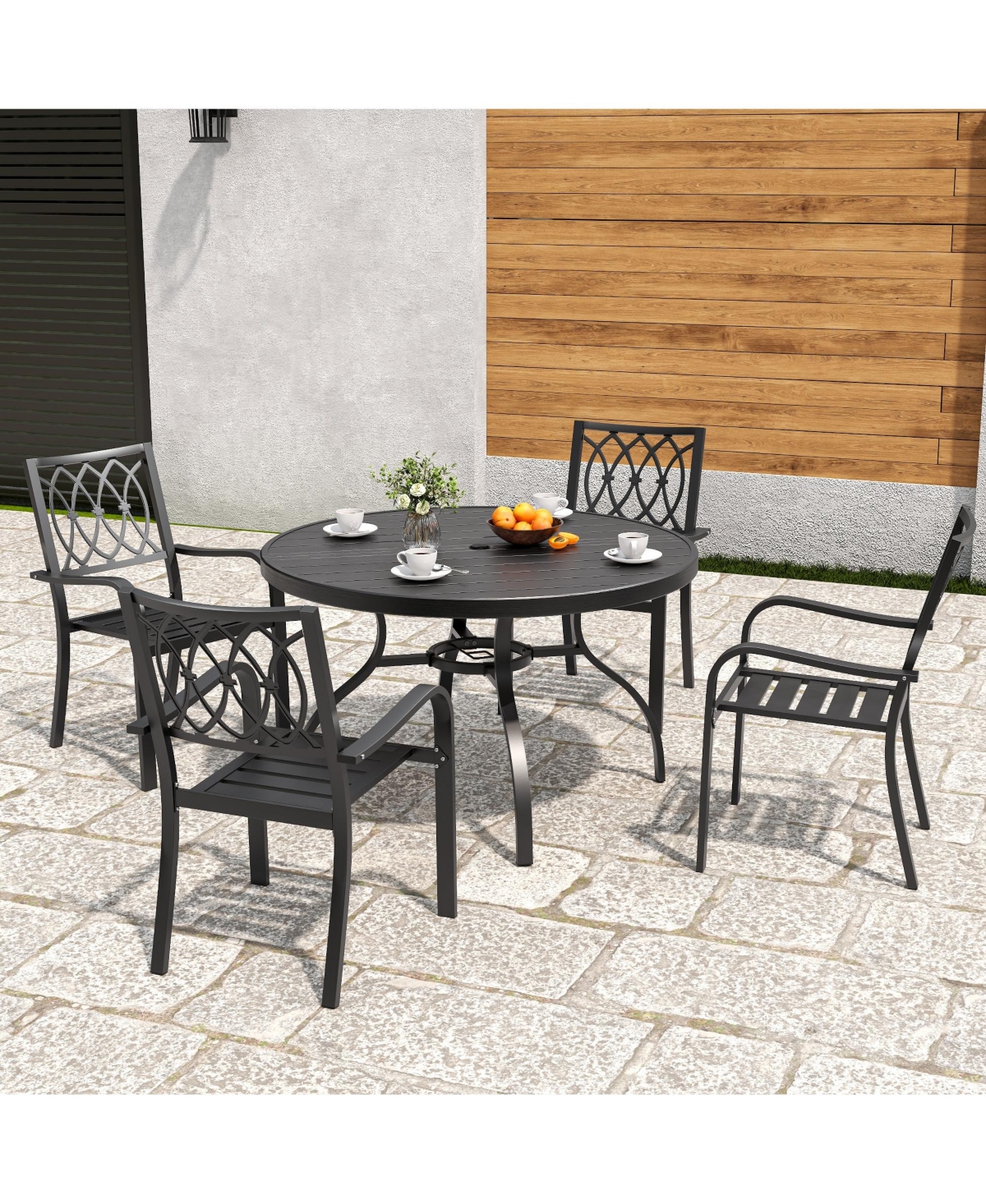 Clihome 47in Round Faux Wood Patio Table with Umbrella Hole, Rustproof Metal Leg Outdoor Dining