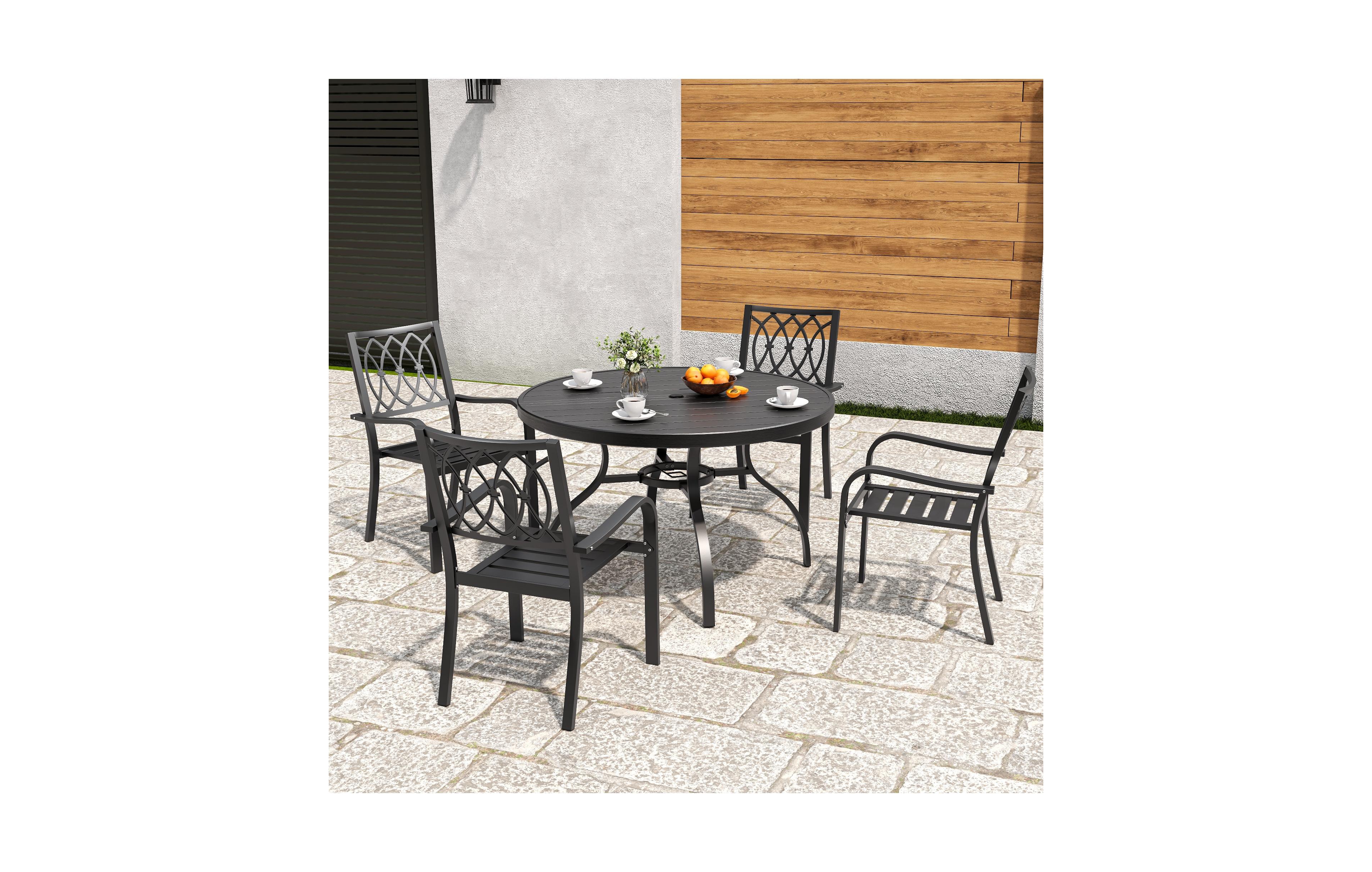 Clihome 47in Round Faux Wood Patio Table with Umbrella Hole, Rustproof Metal Leg Outdoor Dining