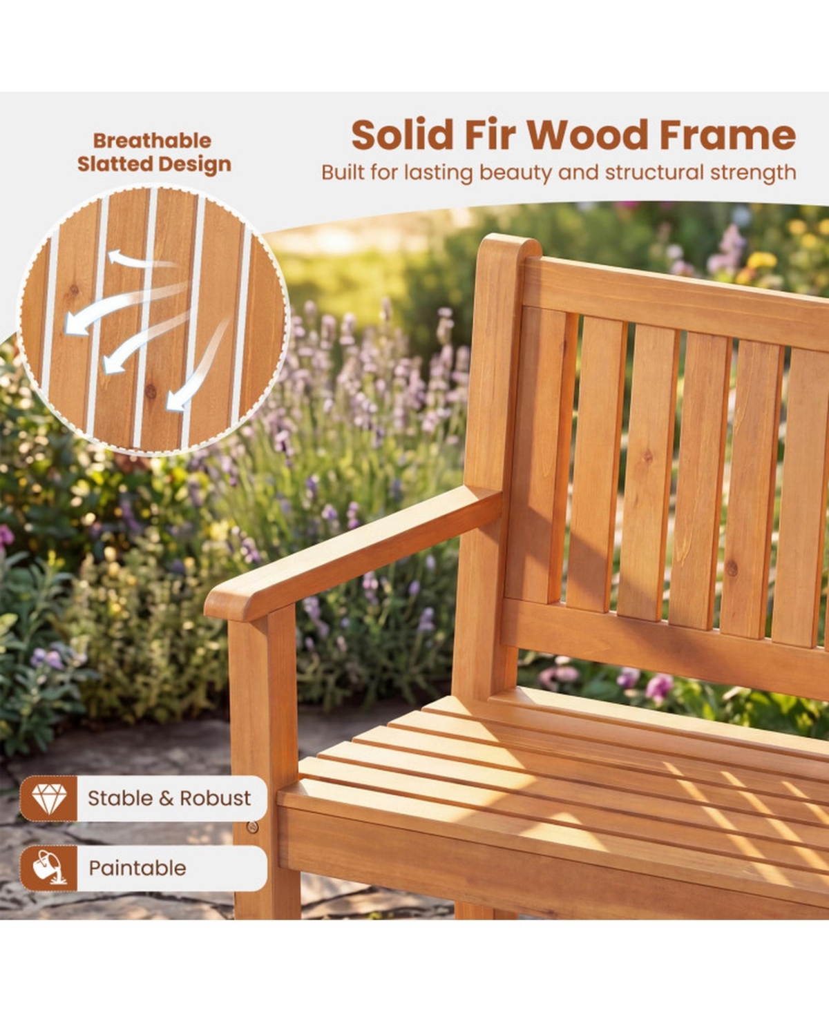 Sugift 3-Seater Outdoor Wooden Bench 59 Inch Large Garden Bench with Backrest